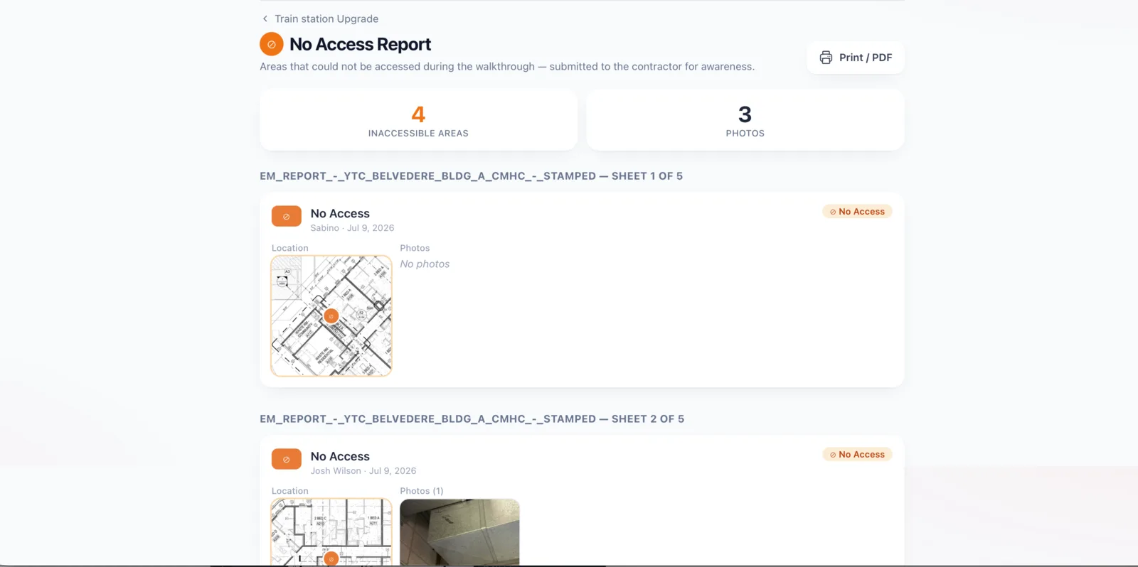 No-access report for firestop contractors — locked rooms and blocked areas documented with dates