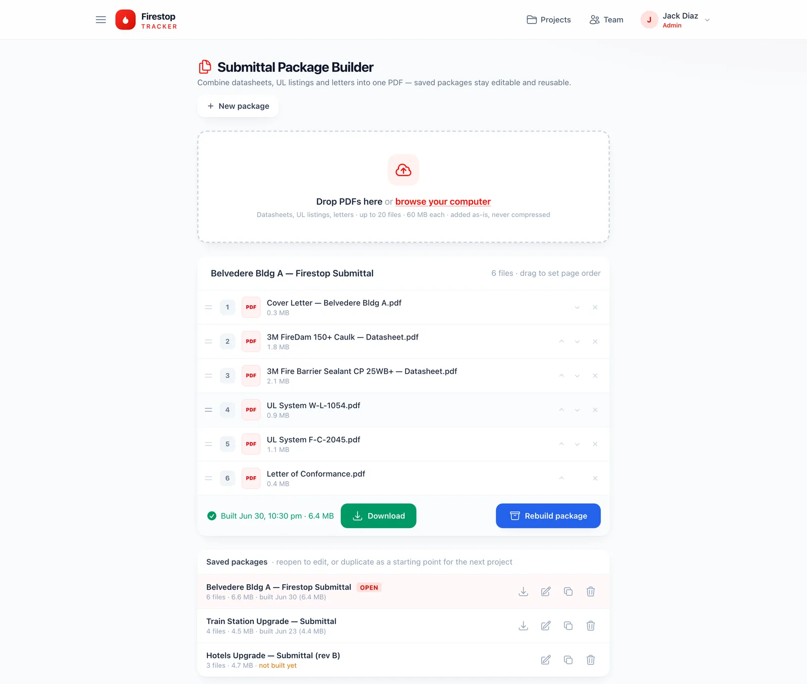 Submittal Package Builder — merge datasheets, UL listings and letters into one PDF, with saved packages you can reopen, duplicate and rebuild