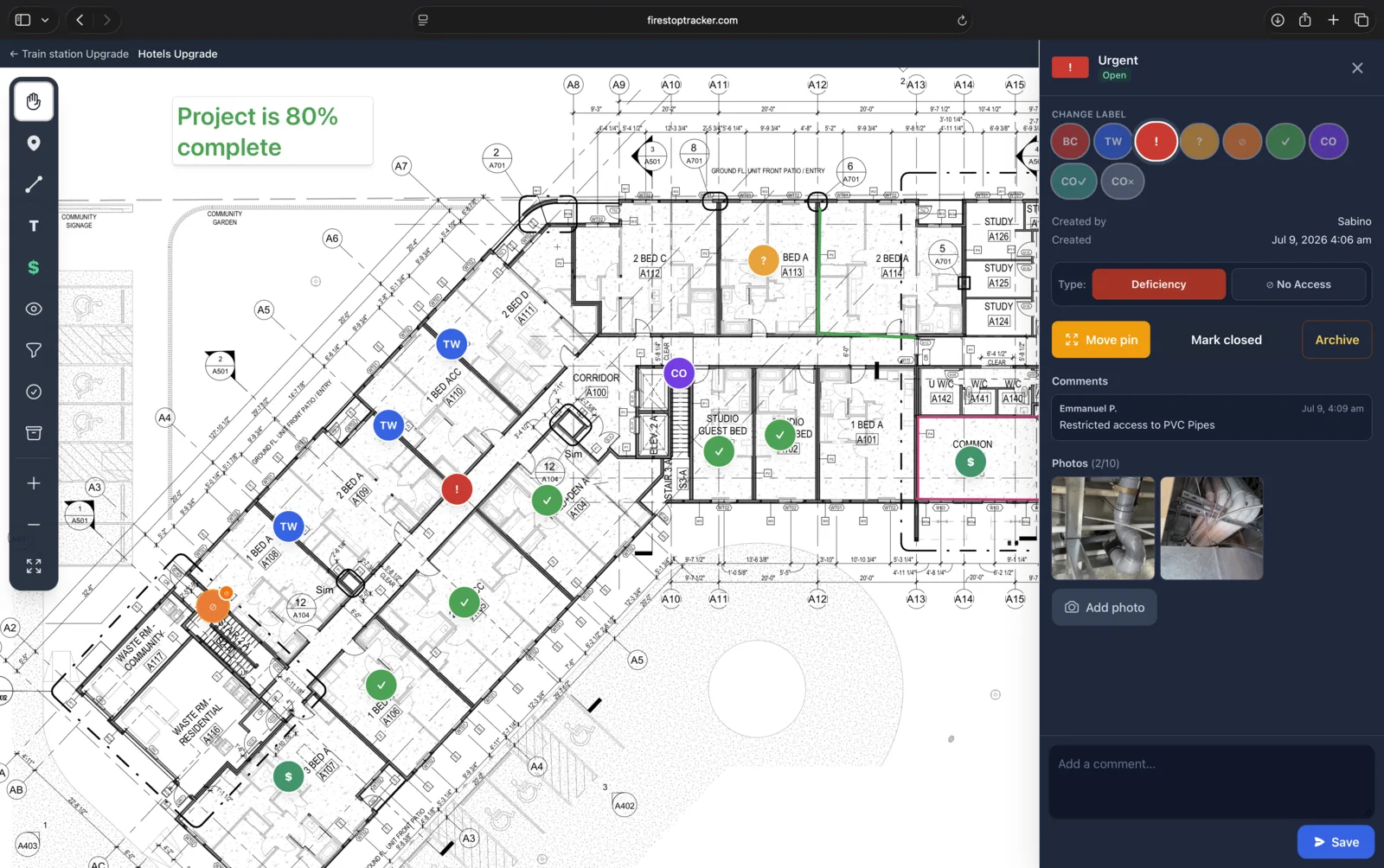 Firestop Tracker: a punch pin opened on a commercial floor plan — change label, mark closed, add photos and comments