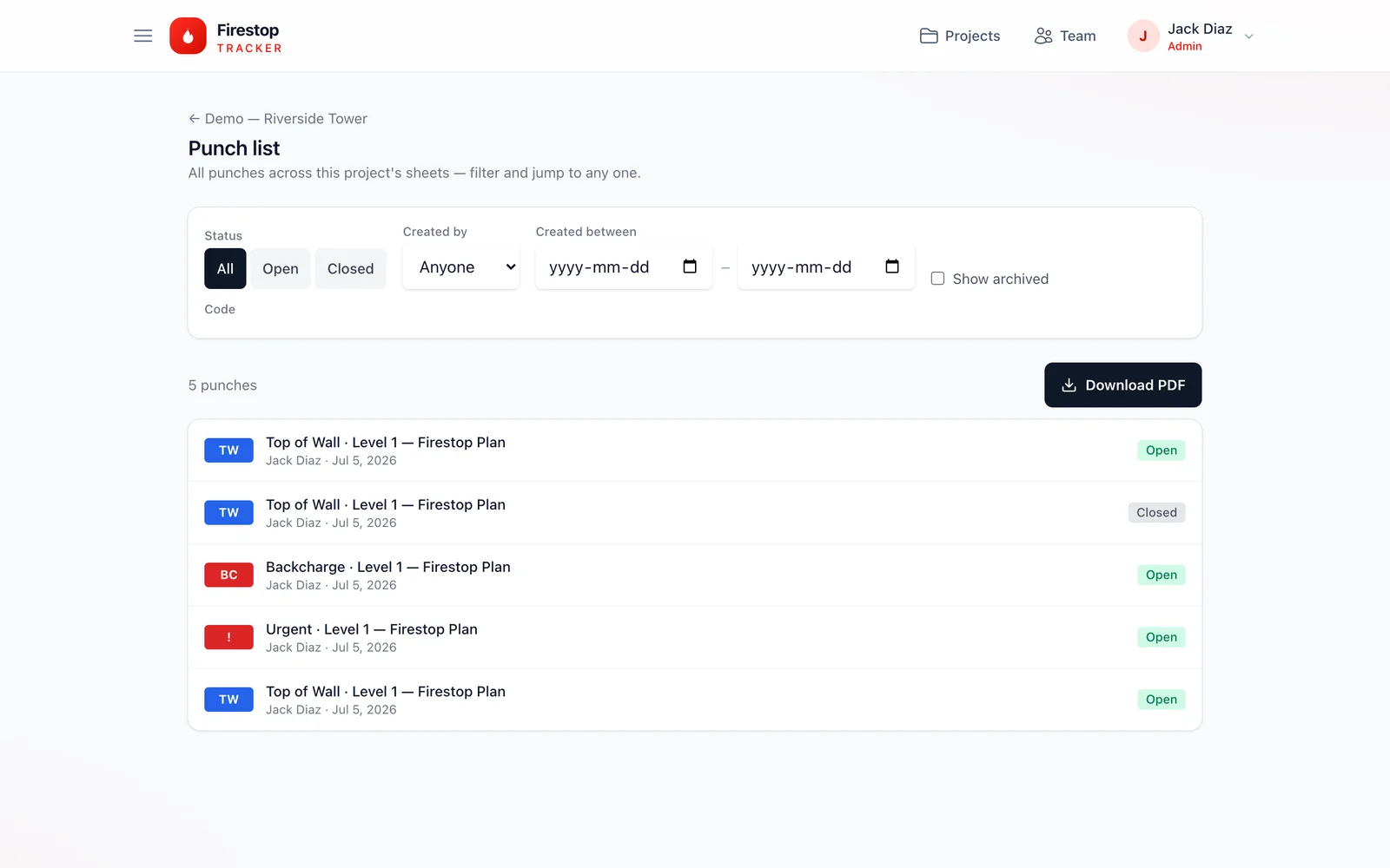 Filterable construction punch list with one-tap PDF export