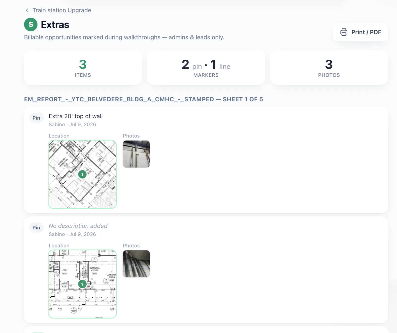 Time and materials extra work tracking on construction drawings, manager-only view